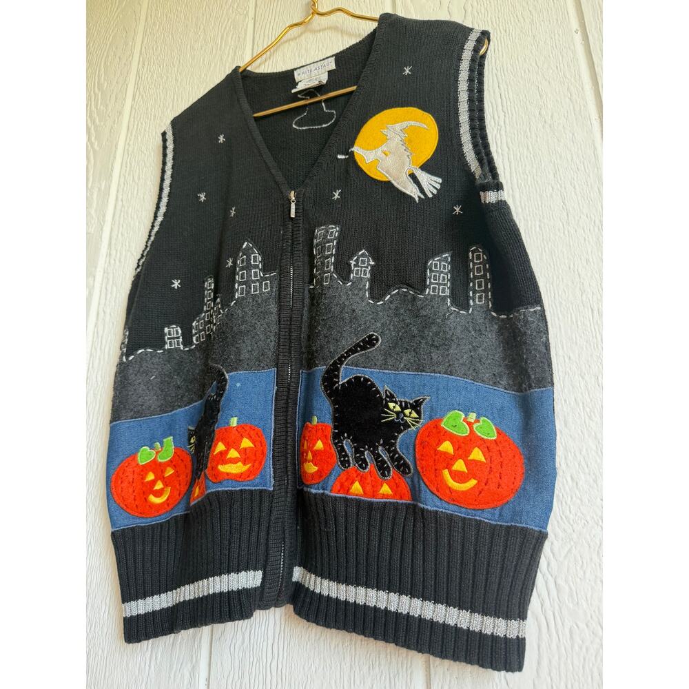 Vintage Embroidered Halloween Sweater Vest Zip Cats Pumpkins Witch Moon LG - Picture 2 of 5